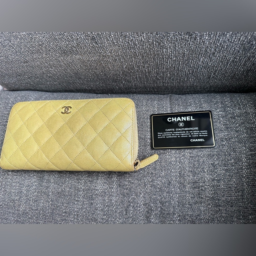 Authentic CHANEL Caviar Skin Matelasse Long Wallet Purse CC Yellow w/ card